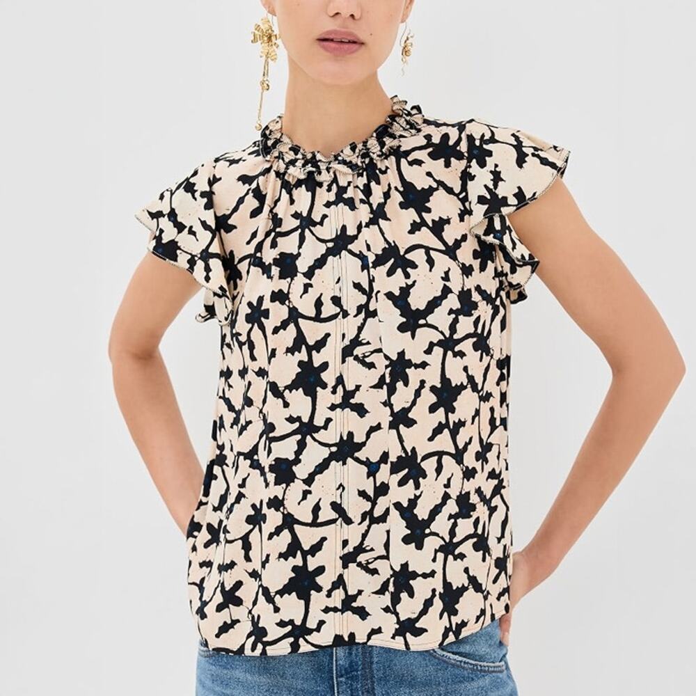 Ulla Johnson Julia Floral Ruffle Sleeve Blouse in Cream Black Size 4